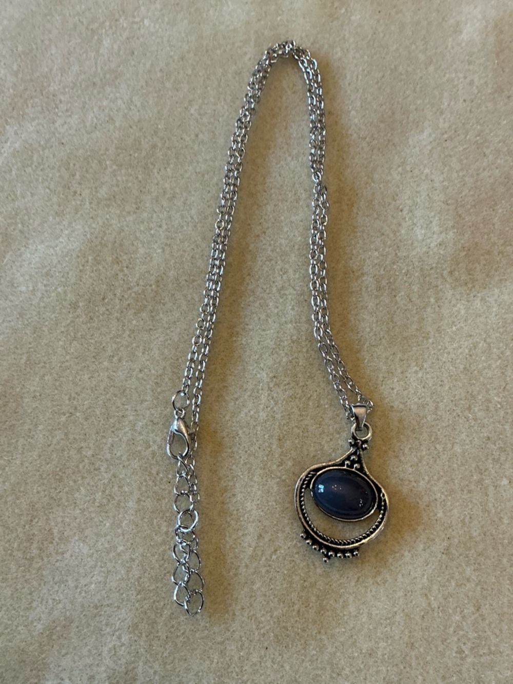 Silver-Tone Pendant Necklace with Blue Oval Stone, 22”
